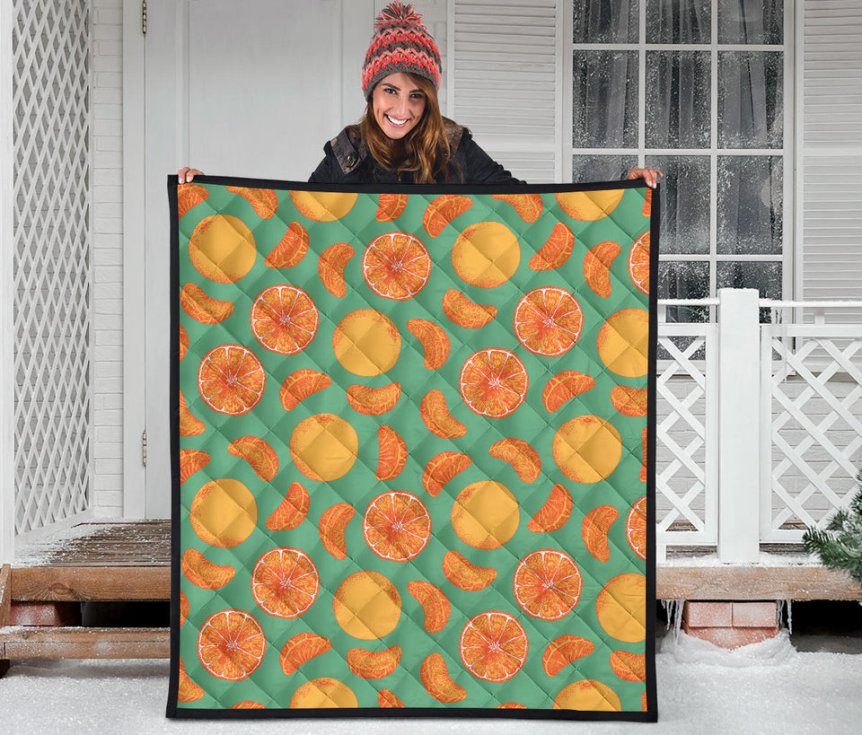 Orange Fruit Pattern Green Background Premium Quilt