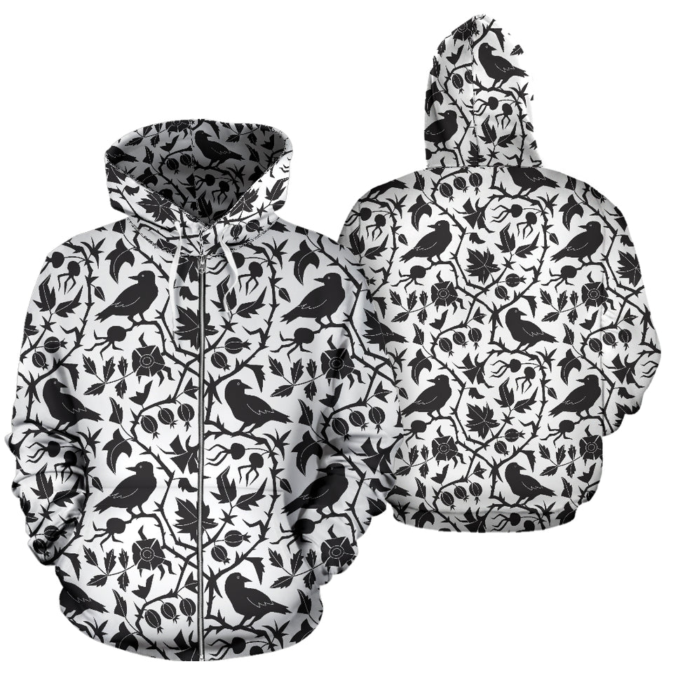 Crow Dark Floral Pattern Zip Up Hoodie