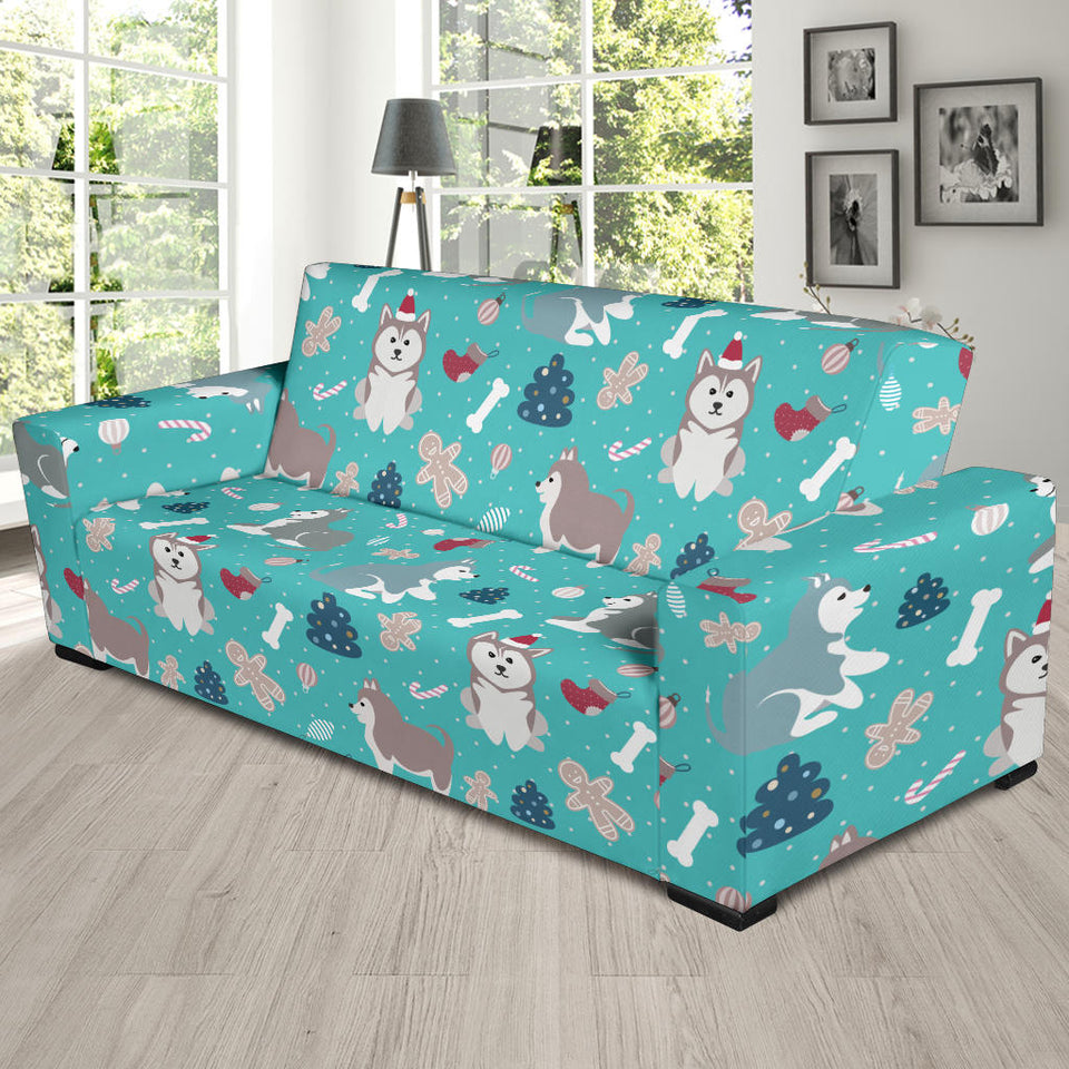 Christmas Cute Siberian Husky Puppie Pattern Sofa Slipcover