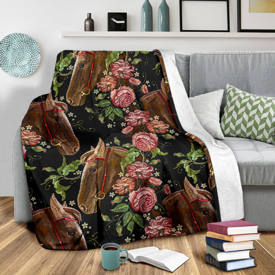 Horse Head Wild Roses Pattern Premium Blanket