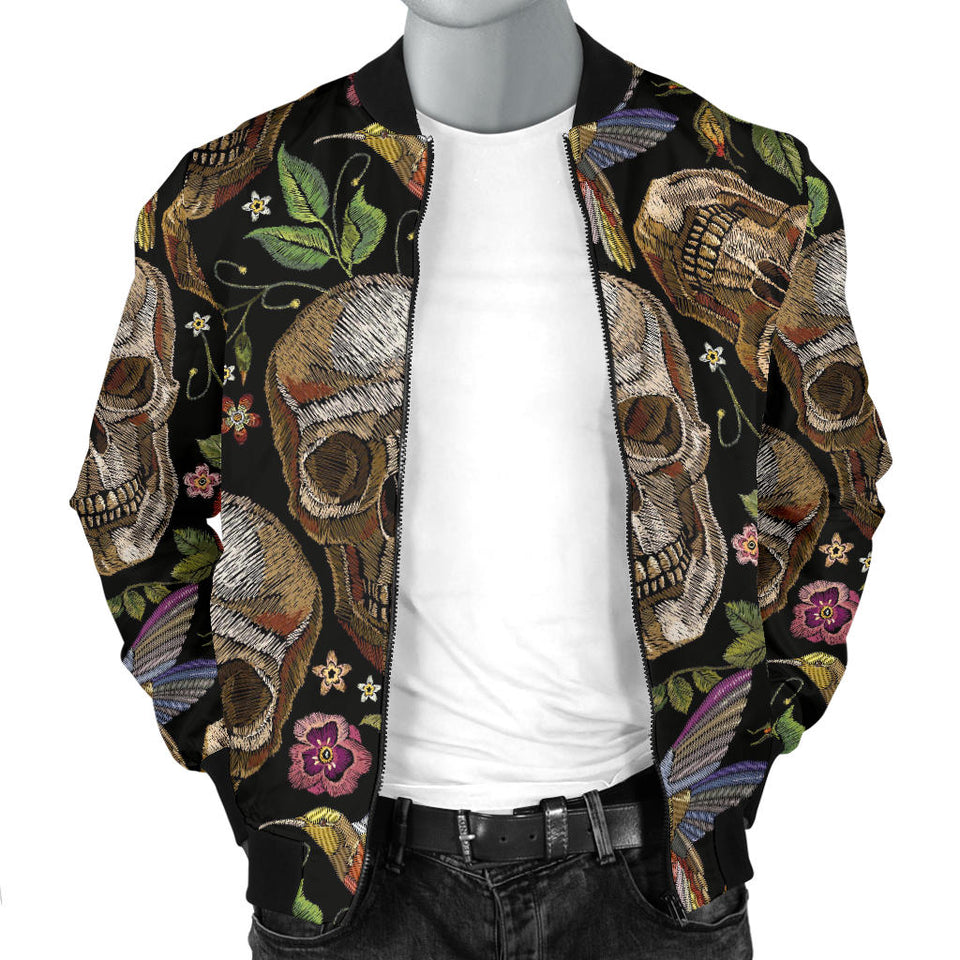 Skull Rose Humming Bird Flower Pattern Men'S Bomber Jacket