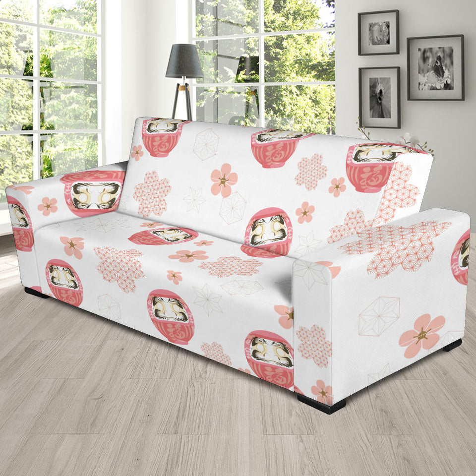 Daruma Japanese Wooden Doll Cherry Blossom Flower Pattern Sofa Slipcover