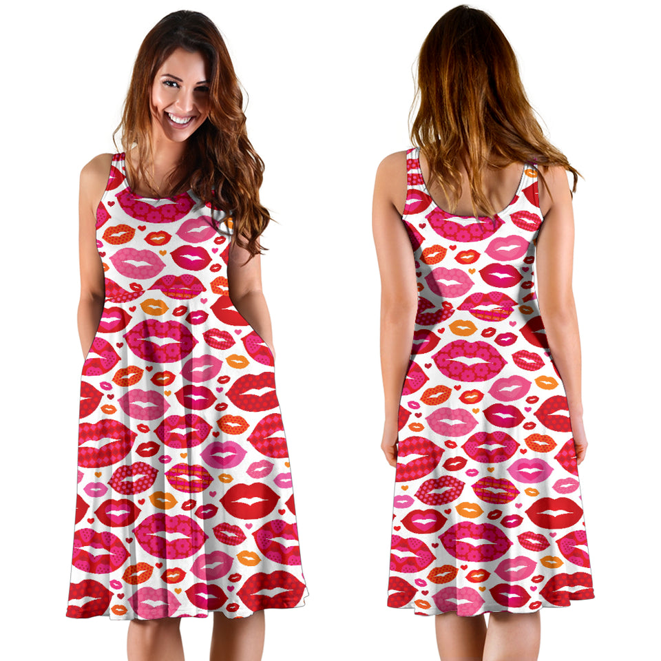 Lips Pattern Print Design 01 Sleeveless Midi Dress
