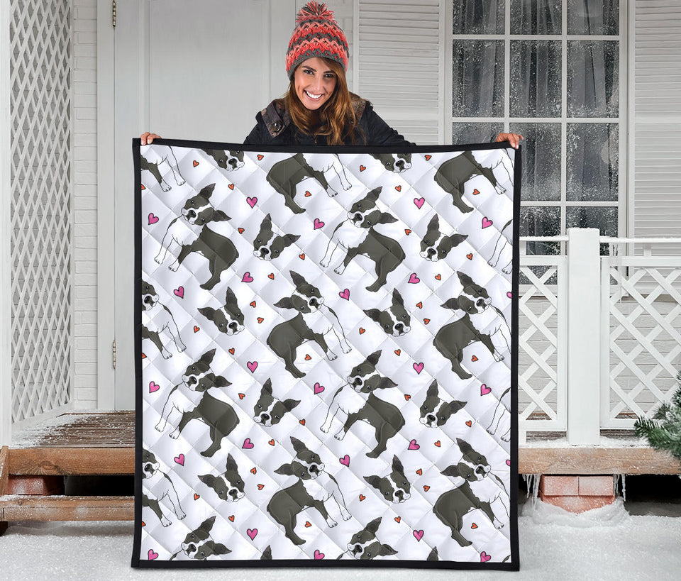 Boston Terrier Dog Hearts Vector Pattern Premium Quilt