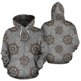 Nautical Wood Steering Wheel Pattern Zip Up Hoodie