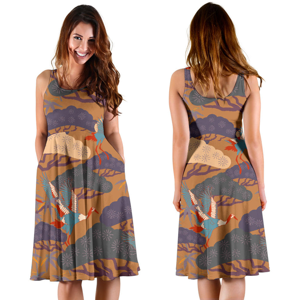 Bonsai Bamboo Stork Japanese Pattern Brown Theme Sleeveless Midi Dress