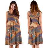 Bonsai Bamboo Stork Japanese Pattern Brown Theme Sleeveless Midi Dress