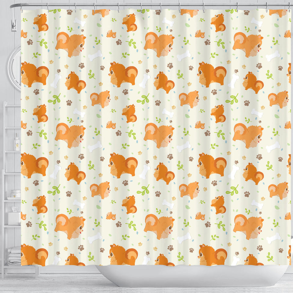 Cute Brown Pomeranian Paw Leave Bone Pattern Shower Curtain Fulfilled In US