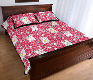 Maneki Neko Lucky Cat sakura pink background Quilt Bed Set