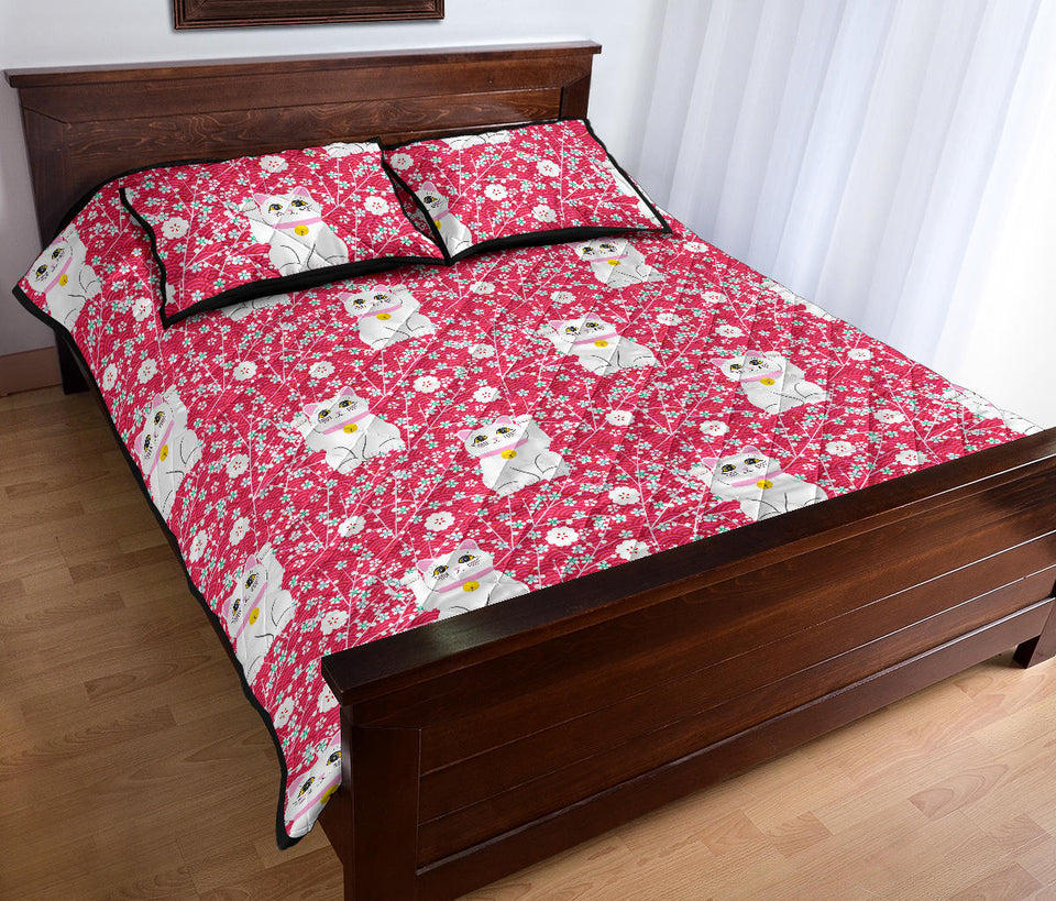 Maneki Neko Lucky Cat sakura pink background Quilt Bed Set