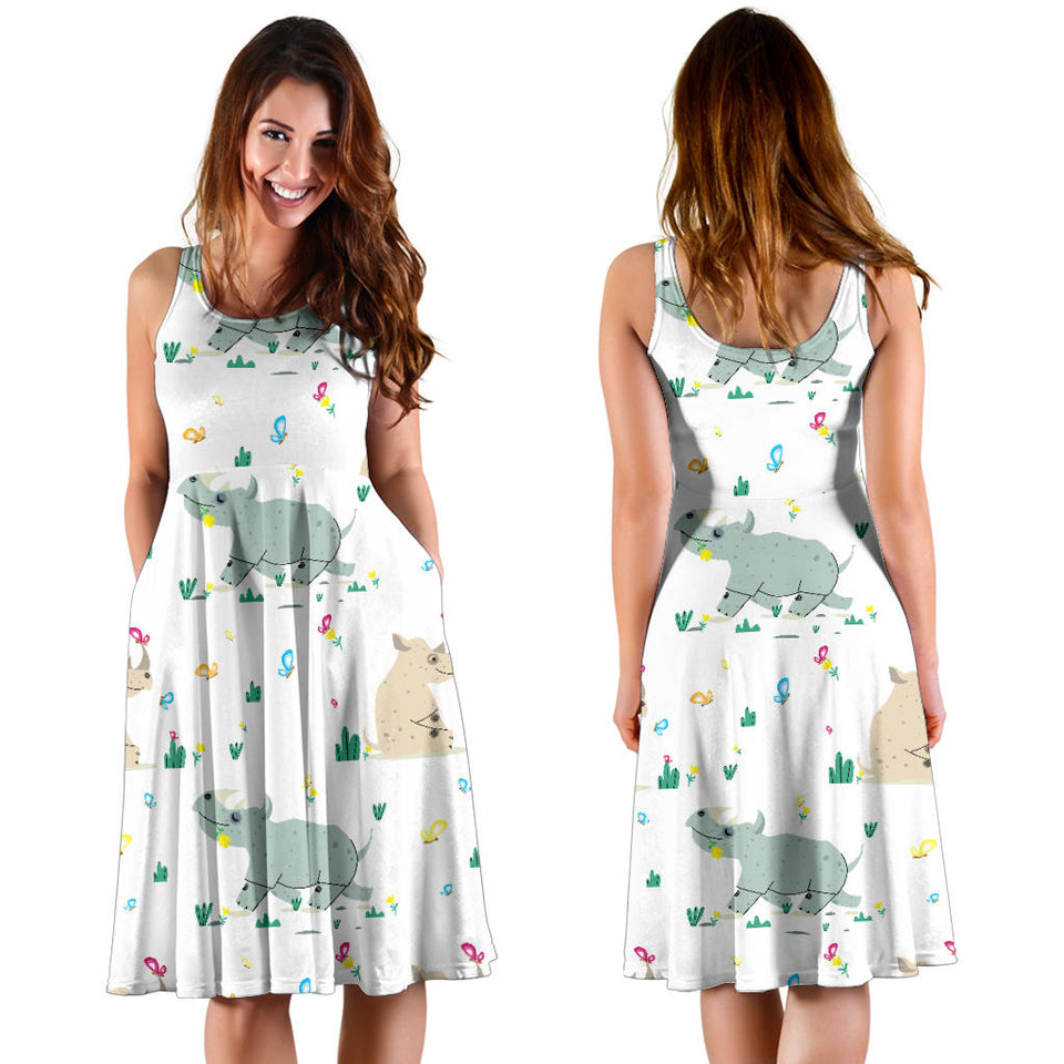 Cute Rhino Pattern Sleeveless Midi Dress