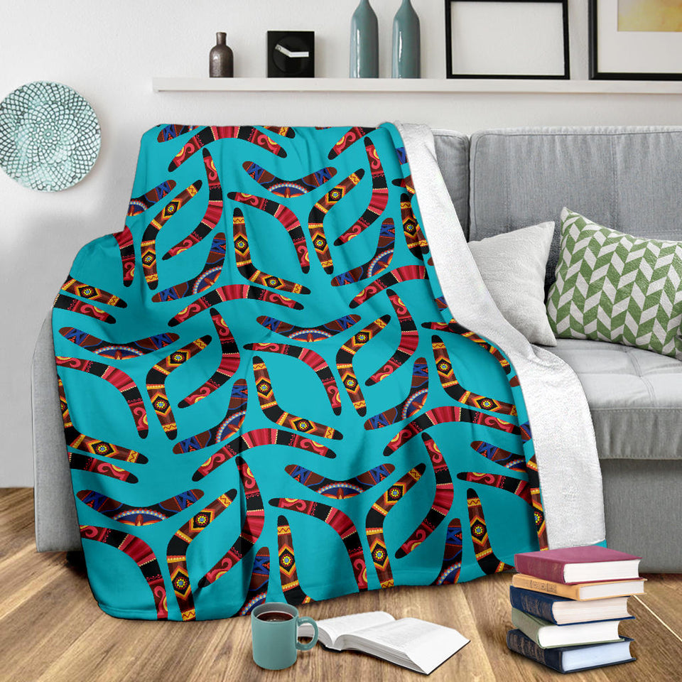 Boomerang Australian Aboriginal Ornament Blue Background Premium Blanket