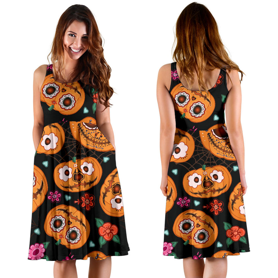 Pumpkin Flowers Spiderweb Halloween Theme Sleeveless Midi Dress