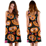 Pumpkin Flowers Spiderweb Halloween Theme Sleeveless Midi Dress