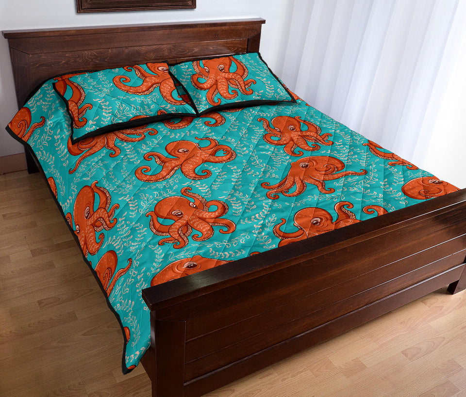 Octopus turquoise background Quilt Bed Set