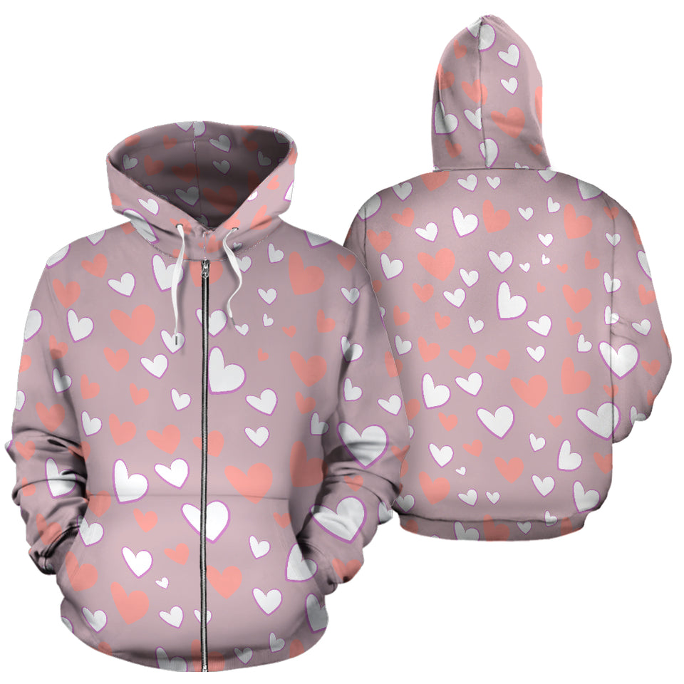 Coral White Heart Pattern Zip Up Hoodie