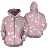 Coral White Heart Pattern Zip Up Hoodie