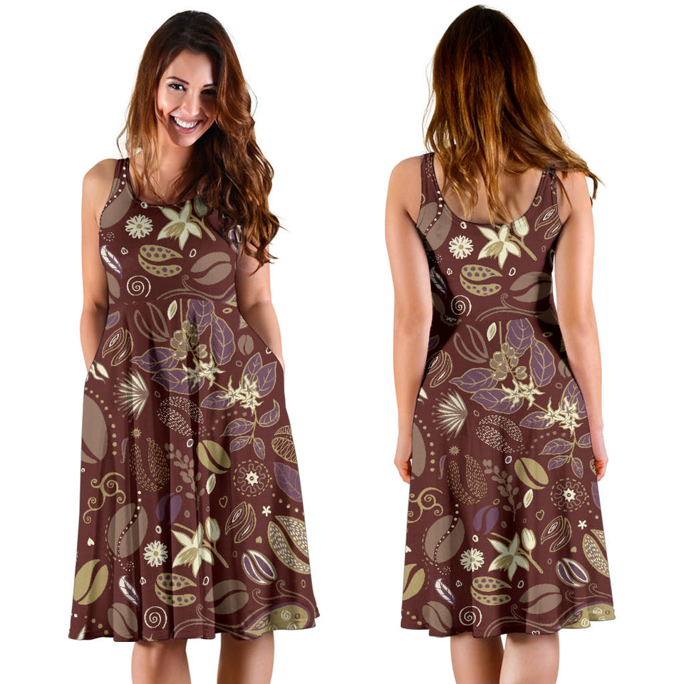 Coffee Bean Flower Pattern Sleeveless Midi Dress