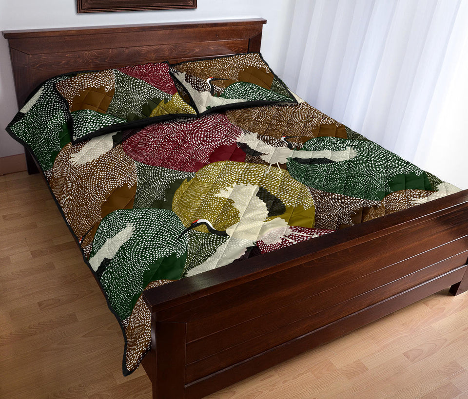 Japanese cranes flying forest dot pattern Quilt Bed Set