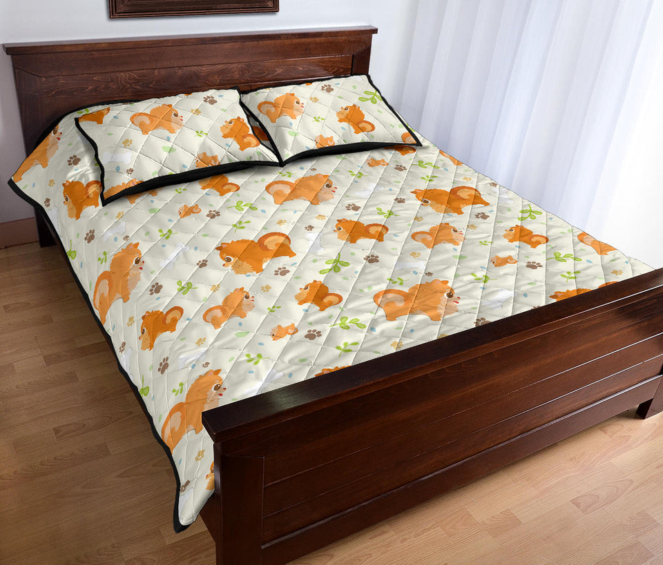 Cute brown pomeranian paw leave bone pattern Quilt Bed Set
