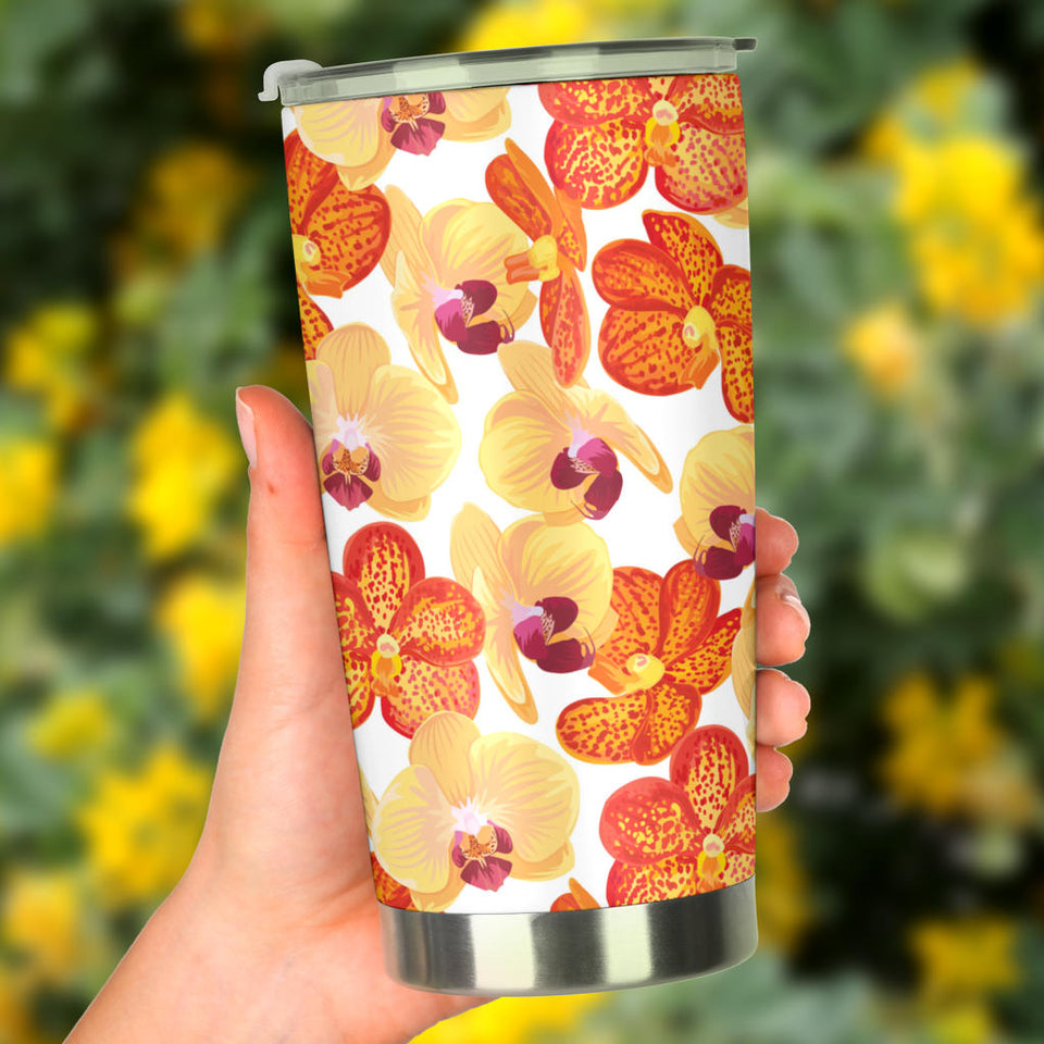 Orange Yellow Orchid Flower Pattern Background Tumbler