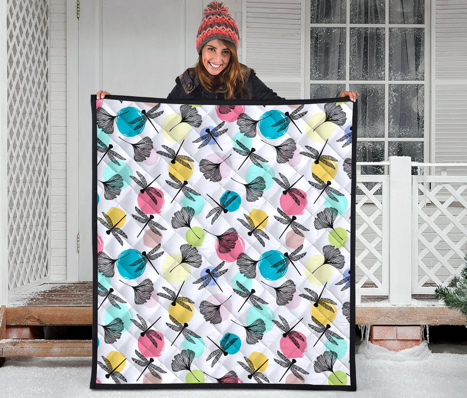 Dragonflies Ginkgo Leaves Pattern Premium Quilt
