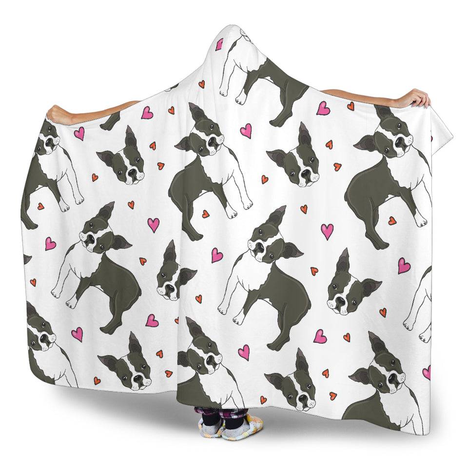 Boston Terrier Dog Hearts Vector Pattern Hooded Blanket