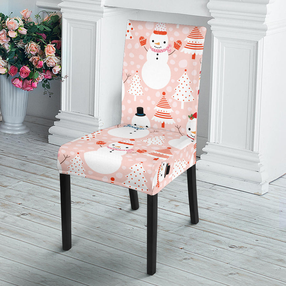 Cute Snowman Christmas Tree Snowpink Background Dining Chair Slipcover