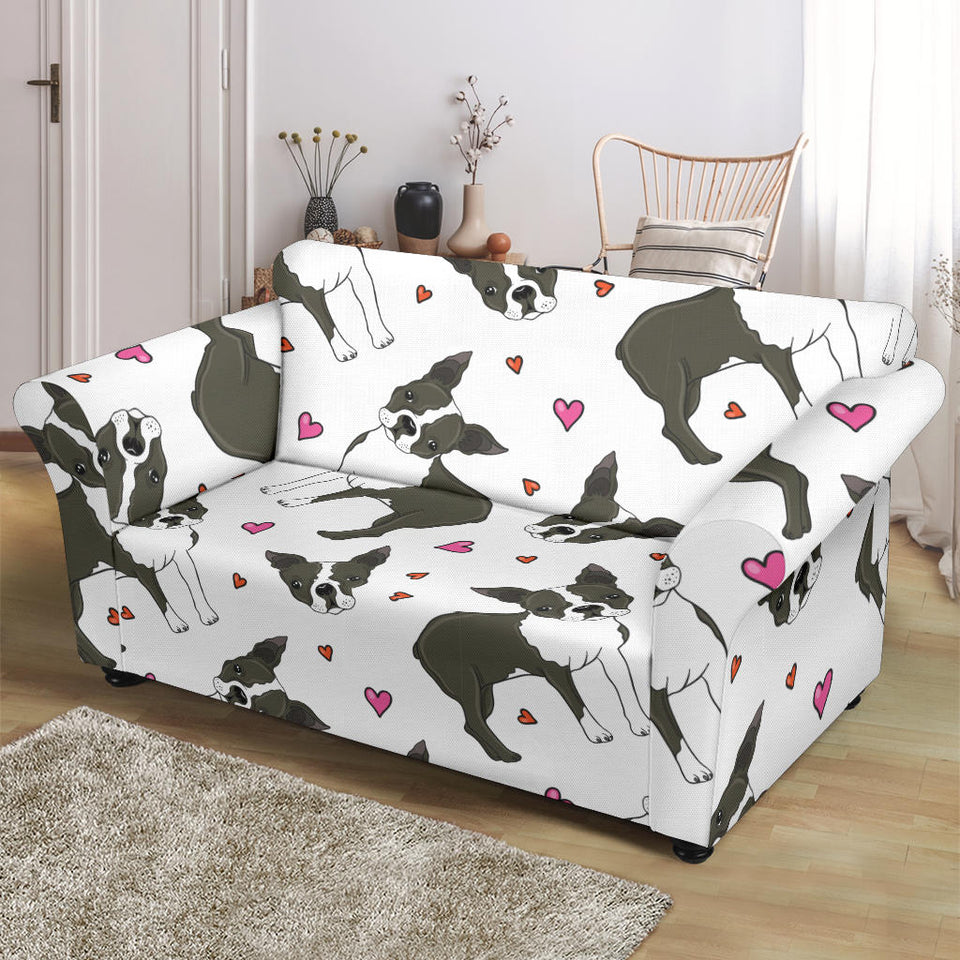 Boston Terrier Dog Hearts Vector Pattern Loveseat Couch Slipcover