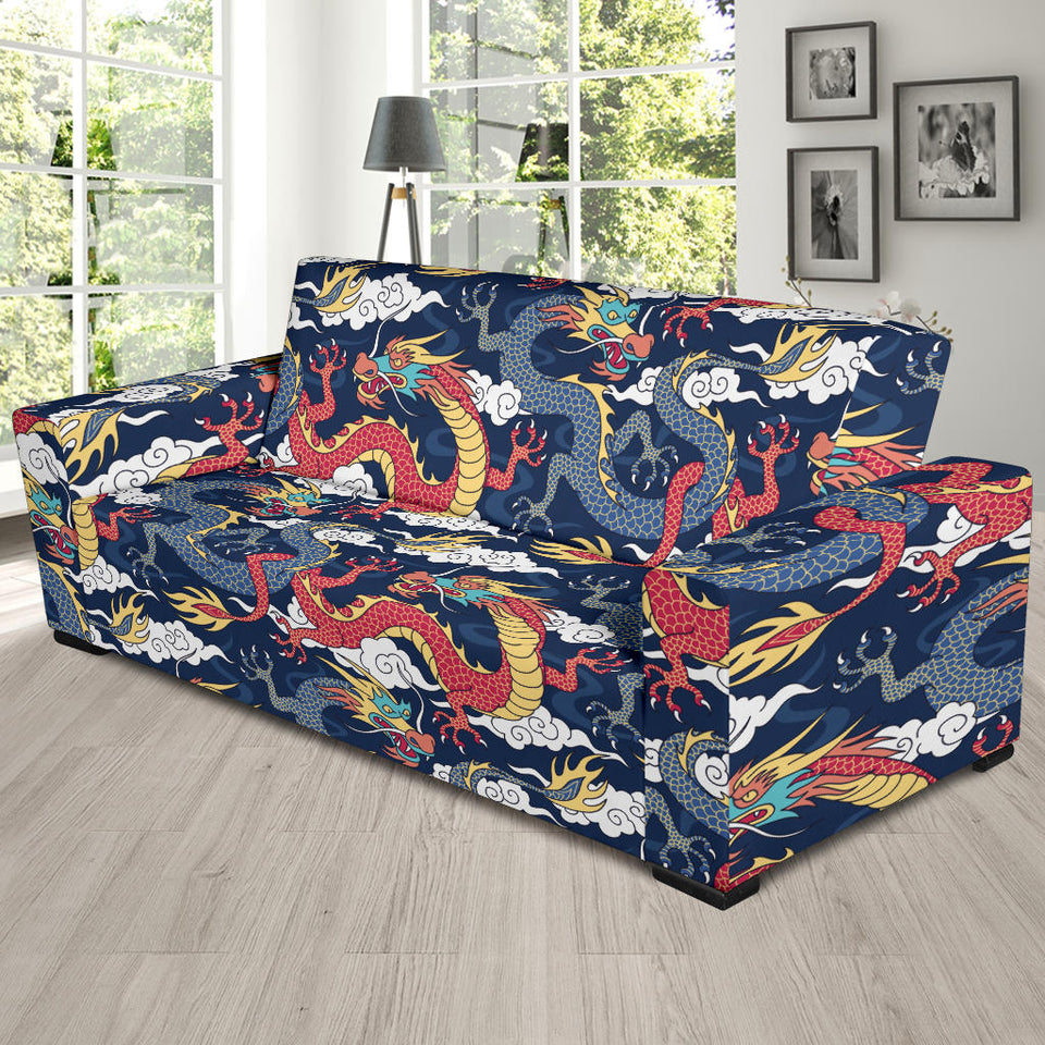 Blue Red Dragon Cloud Pattern Sofa Slipcover