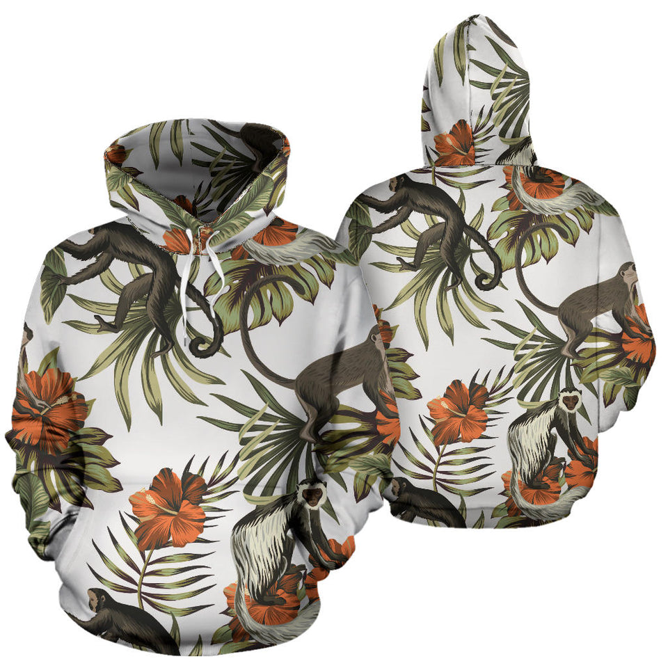 Monkey Red Hibiscus Flower Palm Leaves Floral Pattern Men Women Pullover Hoodie