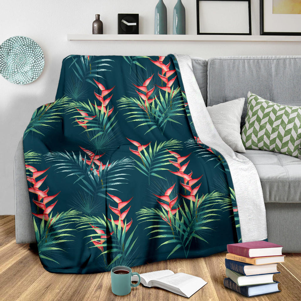 Heliconia Flowers, Palm And Monstera Leaves On Black Background Pattern Premium Blanket