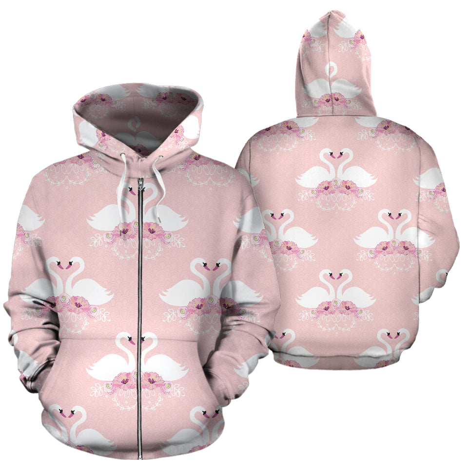 White Swan And Flower Love Pattern Zip Up Hoodie