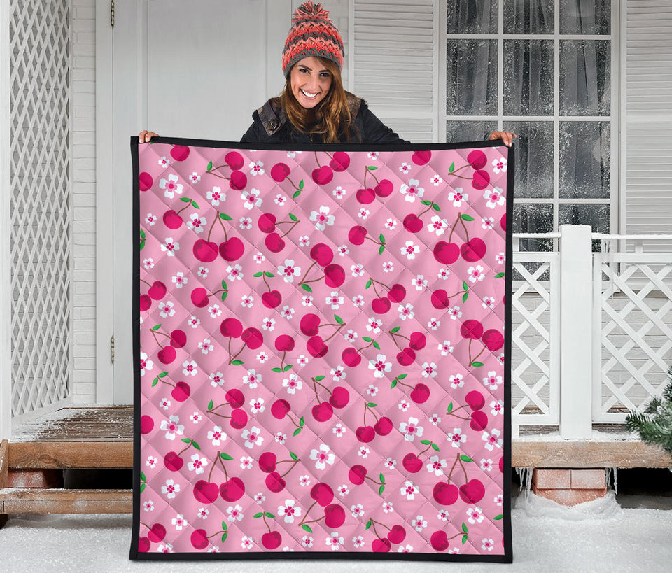 Cherry Flower Pattern Pink Background Premium Quilt