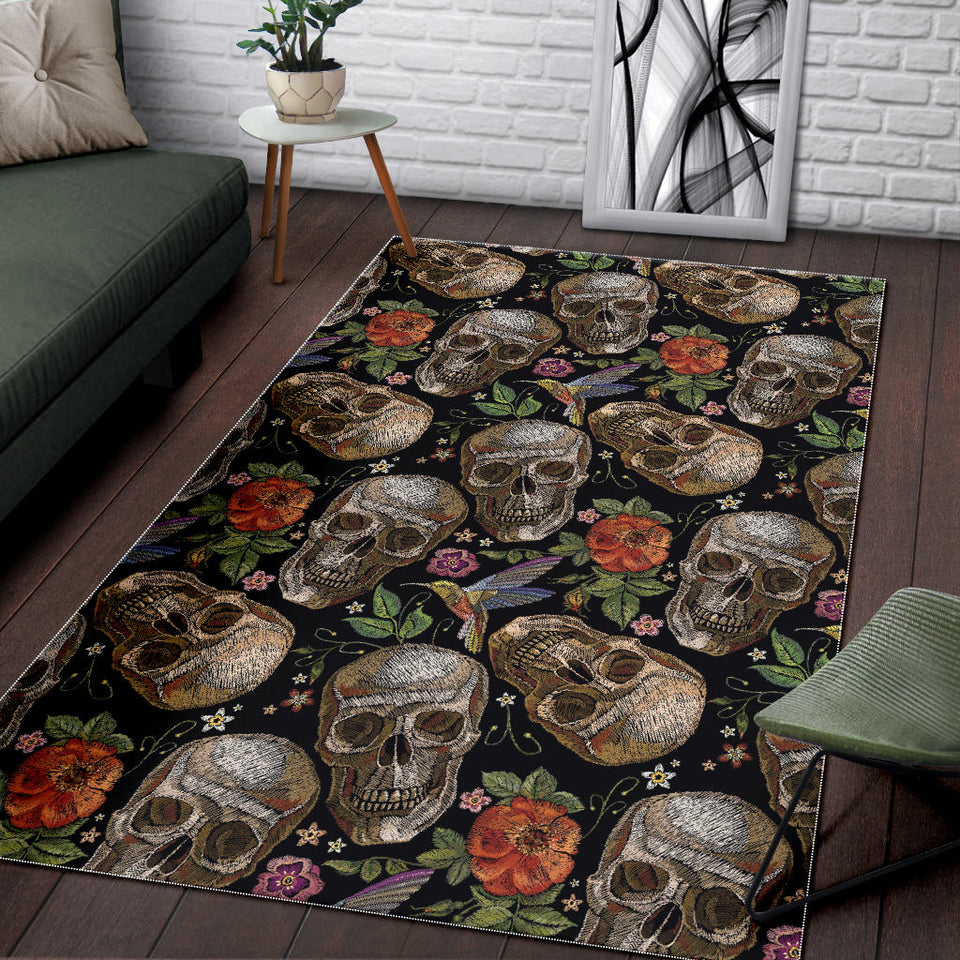Skull Rose Humming Bird Flower Pattern Area Rug