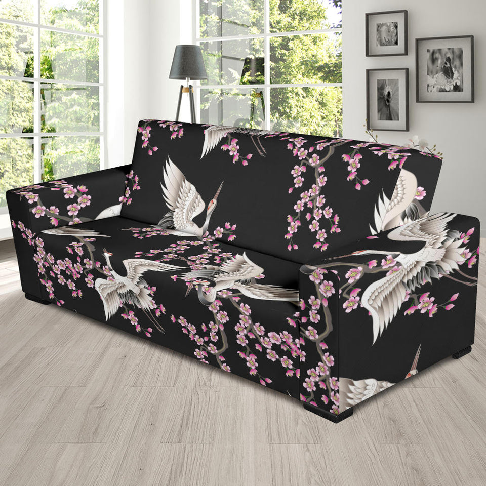 Japanese Crane Pink Sakura Pattern Sofa Slipcover