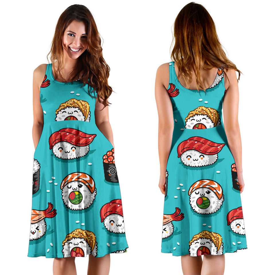 Cute Sushi Pattern Sleeveless Midi Dress