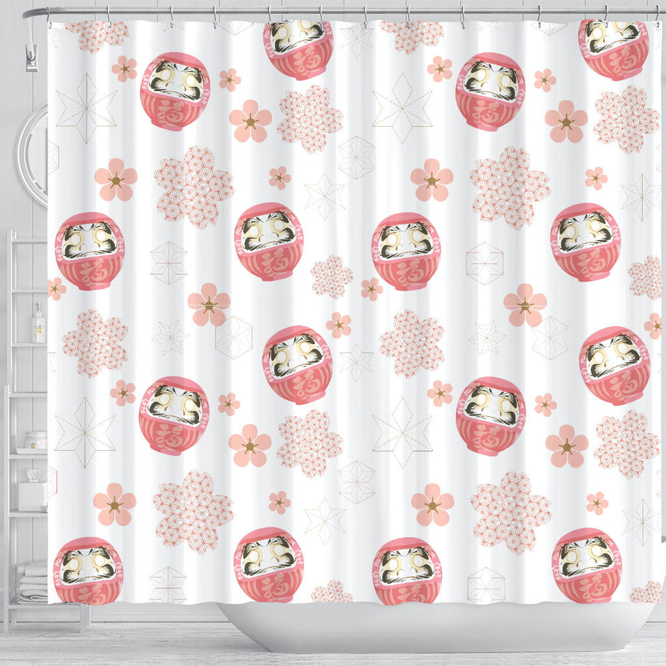 Daruma Japanese Wooden Doll Cherry Blossom Flower Pattern Shower Curtain Fulfilled In US