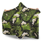 White Orchid Flower Tropical Leaves Pattern Blackground Hooded Blanket