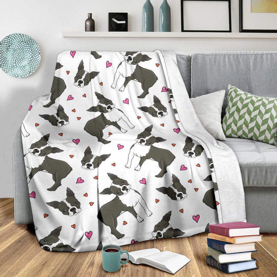 Boston Terrier Dog Hearts Vector Pattern Premium Blanket