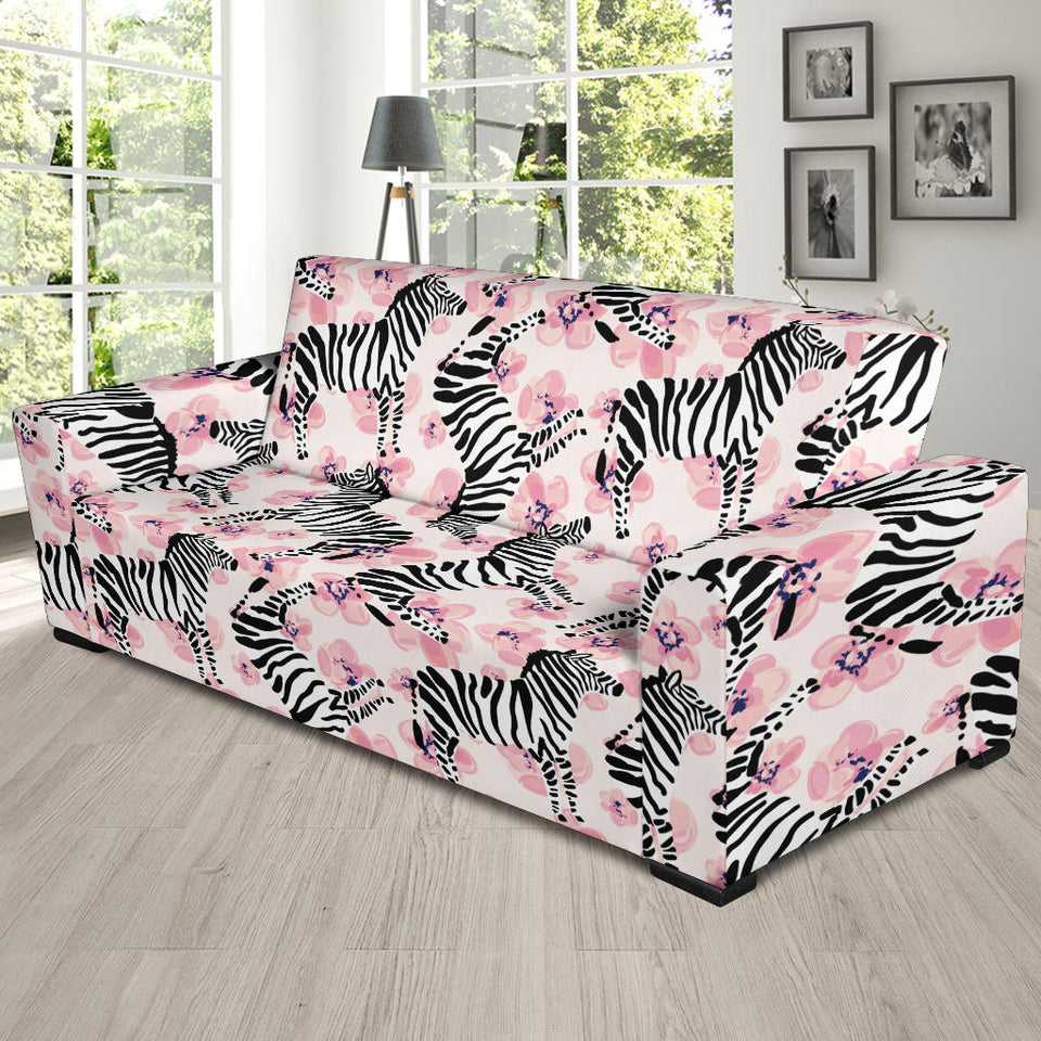 Zebra Pink Flower Background Sofa Slipcover