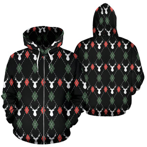 Deer Christmas New Year Pattern Argyle Zip Up Hoodie