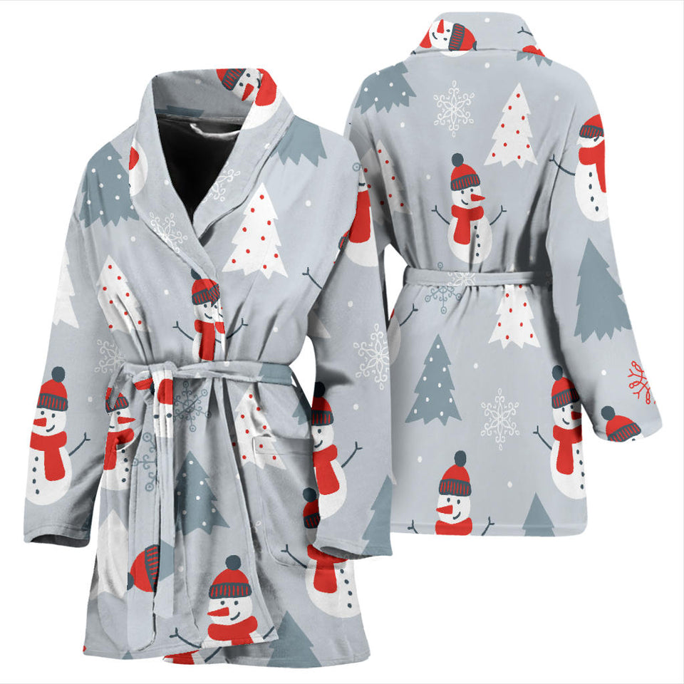 Snowman Christmas  Tree Snow Gray Background Women'S Bathrobe