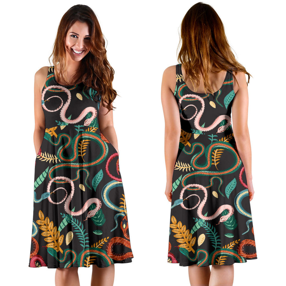 Colorful Snake Plant Pattern Sleeveless Midi Dress