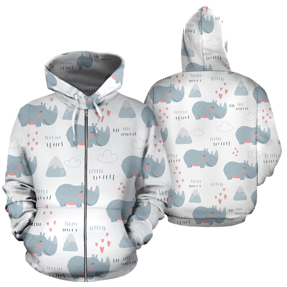 Cute Rhino Heart Pattern Zip Up Hoodie