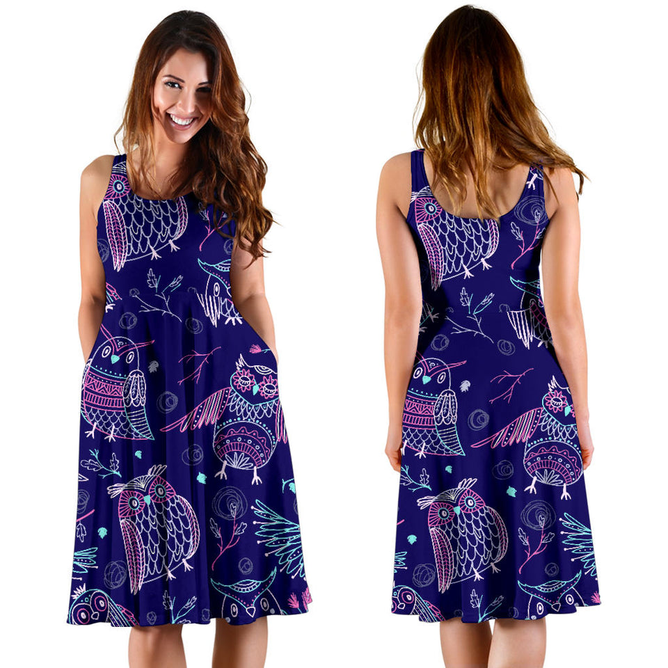Cute Owls Pattern Boho Style Ornament Sleeveless Midi Dress