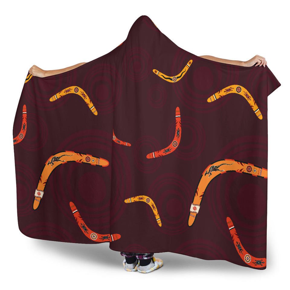 Boomerang Australian Aboriginal Ornament Circle Black Background Hooded Blanket