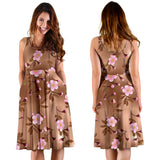 Pink Sakura Cherry Blossom Drak Brown Background Sleeveless Midi Dress