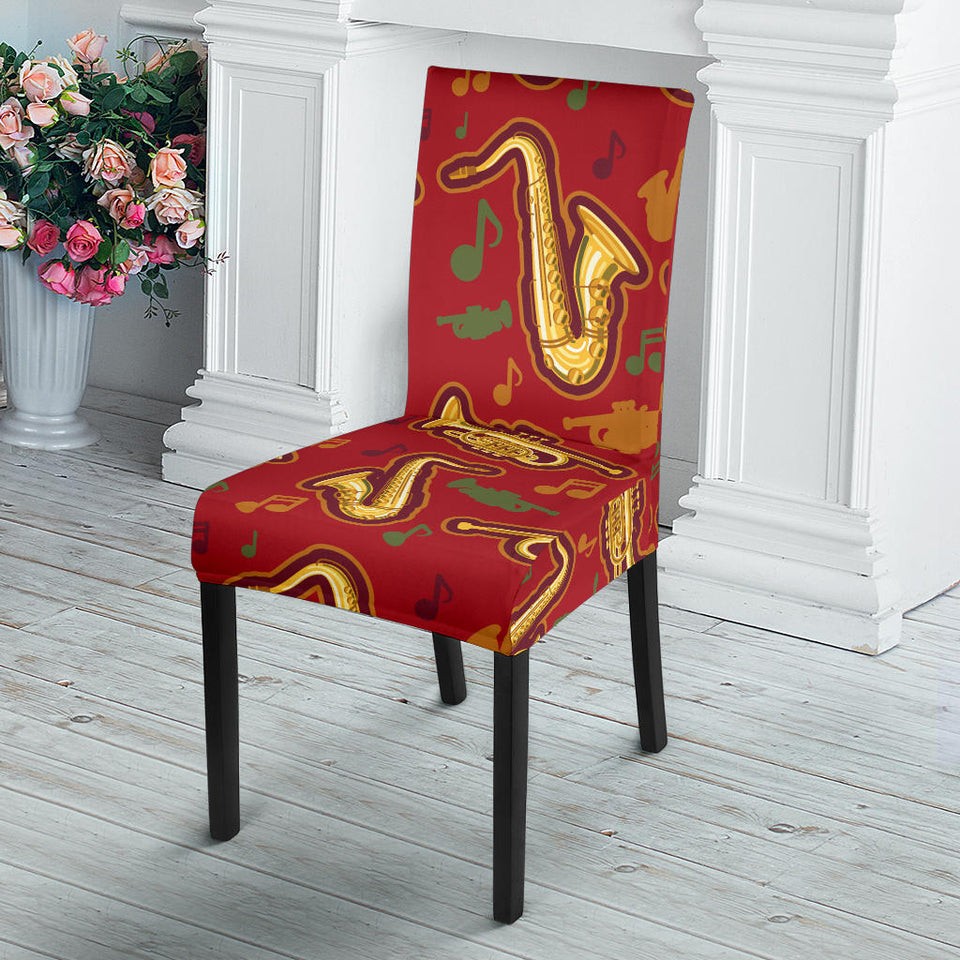 Saxophone Cornet Pattern Red Background Dining Chair Slipcover