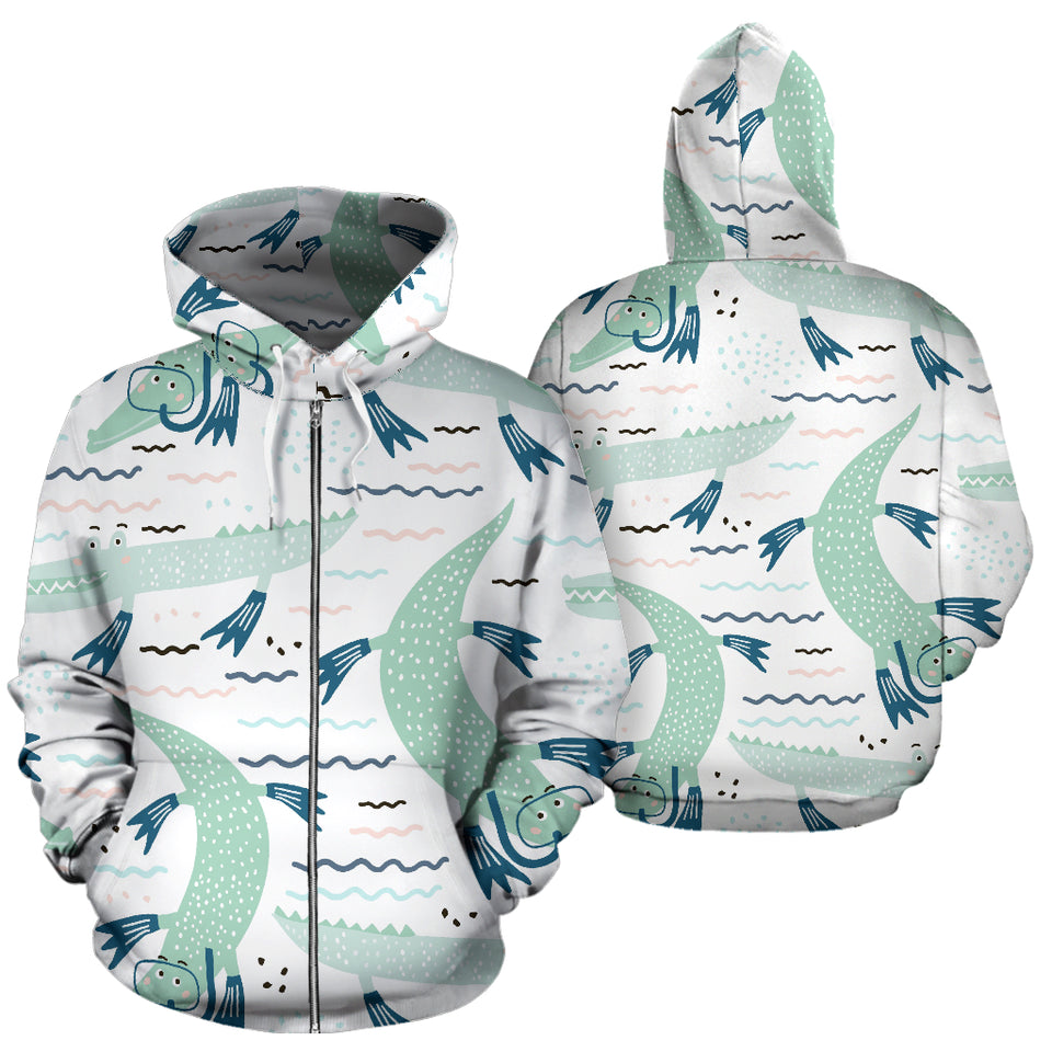Crocodile Diver Pattern Zip Up Hoodie